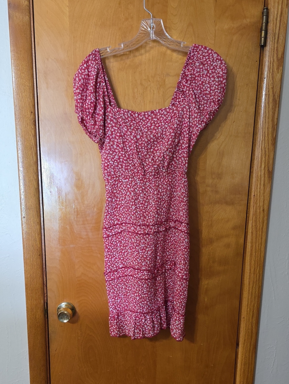 Sim And Sam Square-Neck Red Floral Midi Dress with Puff Sleeves